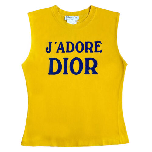 Vintage Dior 'J'Adore' Spellout Vest Top in Yellow / Blue UK 12 | NITRYL