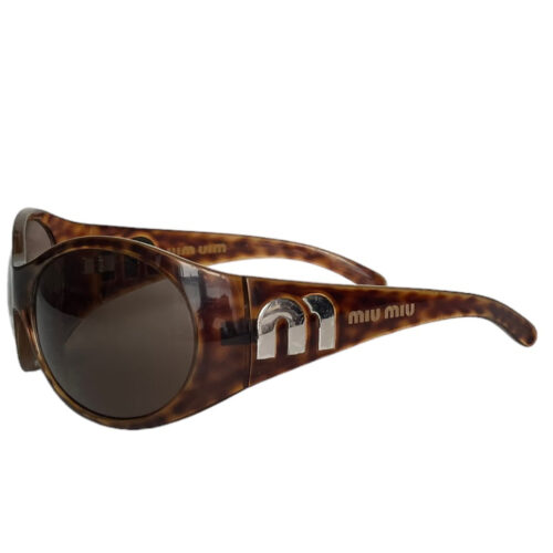 Vintage Miu Miu Logo Oversized Wraparound Sunglasses in Tortoiseshell Brown / Silver | NITRYL