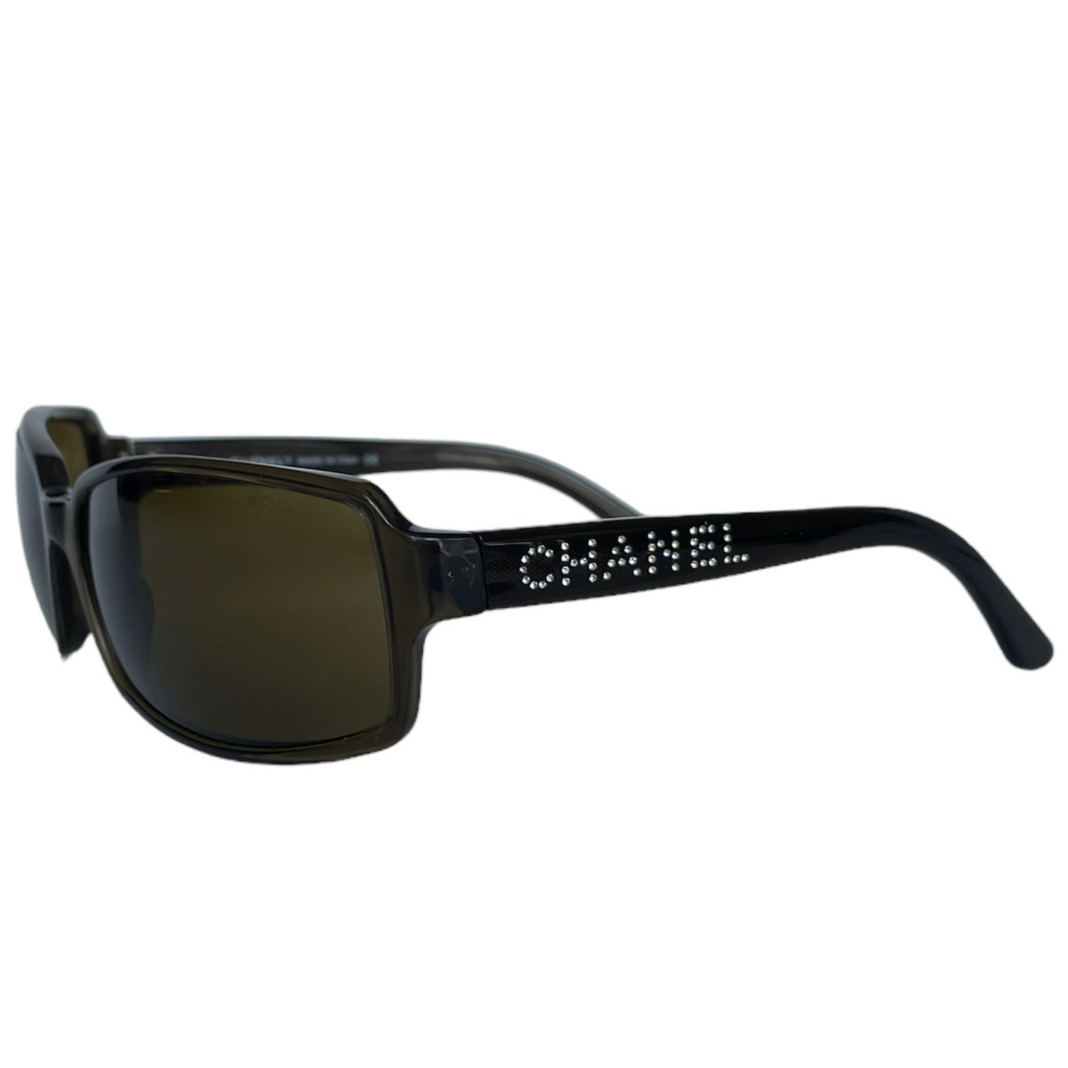 Vintage Chanel Diamante Spellout Sunglasses in Khaki Green / Silver | NITRYL