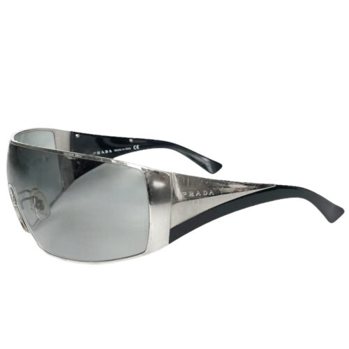 Vintage Prada Chrome Wraparound Oversized Sunglasses in Silver / Black | NITRYL