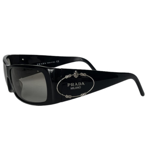 Vintage Prada Logo Wraparound Sunglasses in Black / Silver | NITRYL