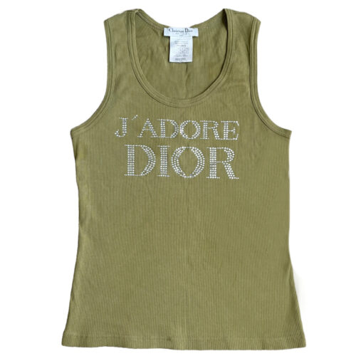 Vintage Dior 'J'Adore Dior' Diamante Spellout Tank Vest Top in Khaki Green UK 16 | NITRYL