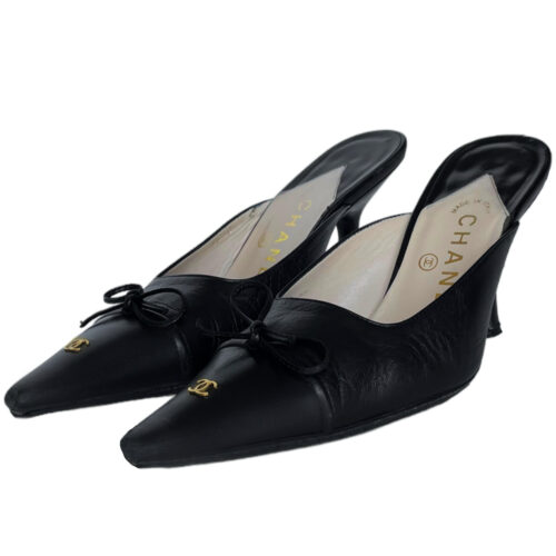 Vintage Chanel Logo Bow Mule Heels in Black / Gold UK 3 | NITRYL