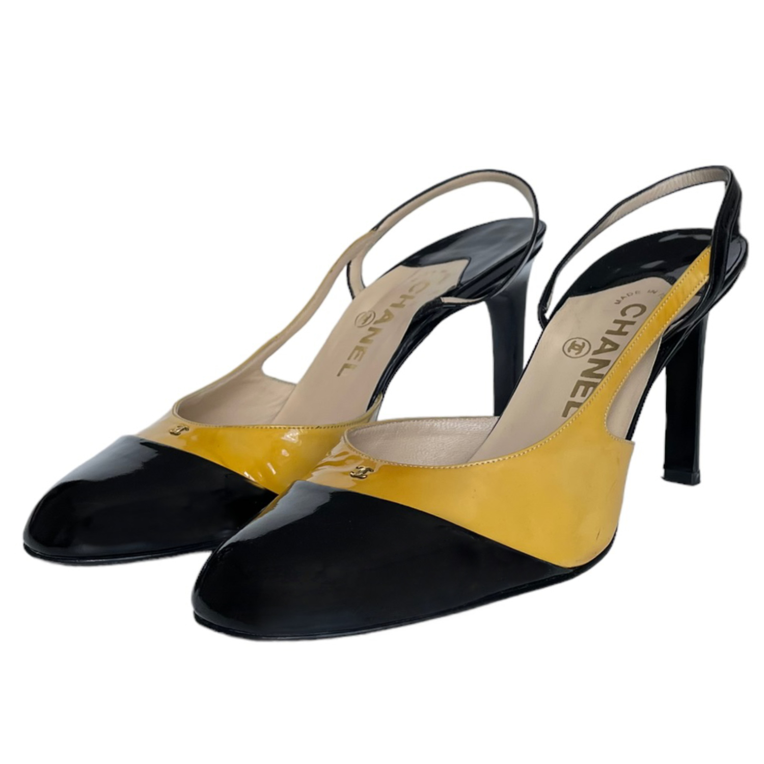 Yellow Checkered Spool Heel Slingback Pumps - CHARLES & KEITH GR