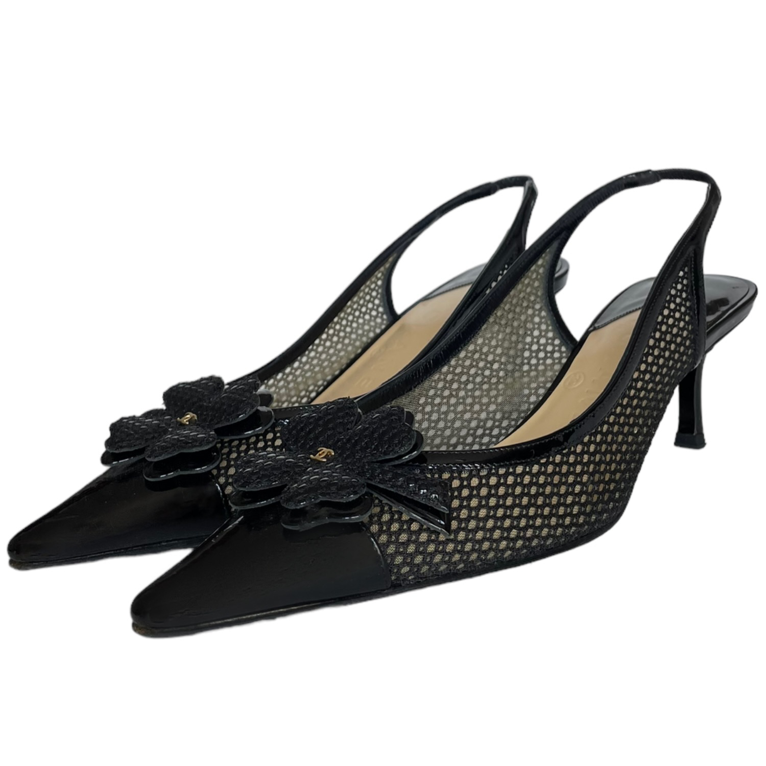 Chanel Clover Logo Mesh Slingback Heels in Black UK 4.5
