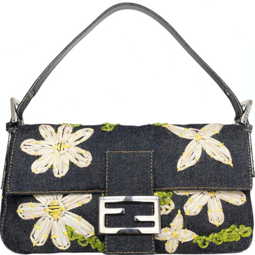 Vintage Fendi Daisy Flower Denim Shoulder Baguette Bag | NITRYL