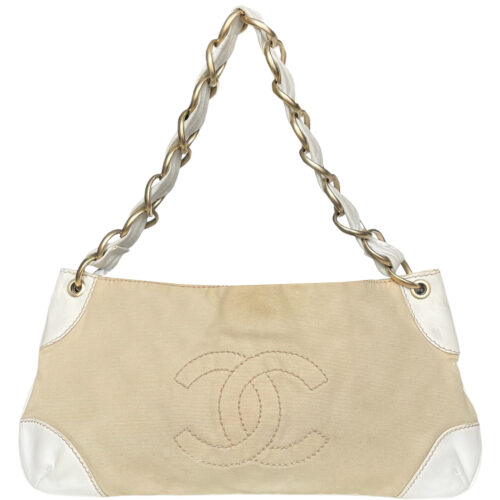 Vintage Chanel Logo Canvas Shoulder Bag in Beige / White | NITRYL