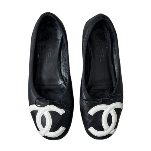Vintage Chanel Logo Cambon Ballet Flats in Black / White UK 6 | NITRYL
