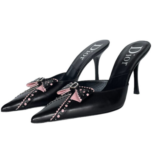 Vintage Dior Bow Logo Mule Heels in Black / Pink UK 6.5 | NITRYL