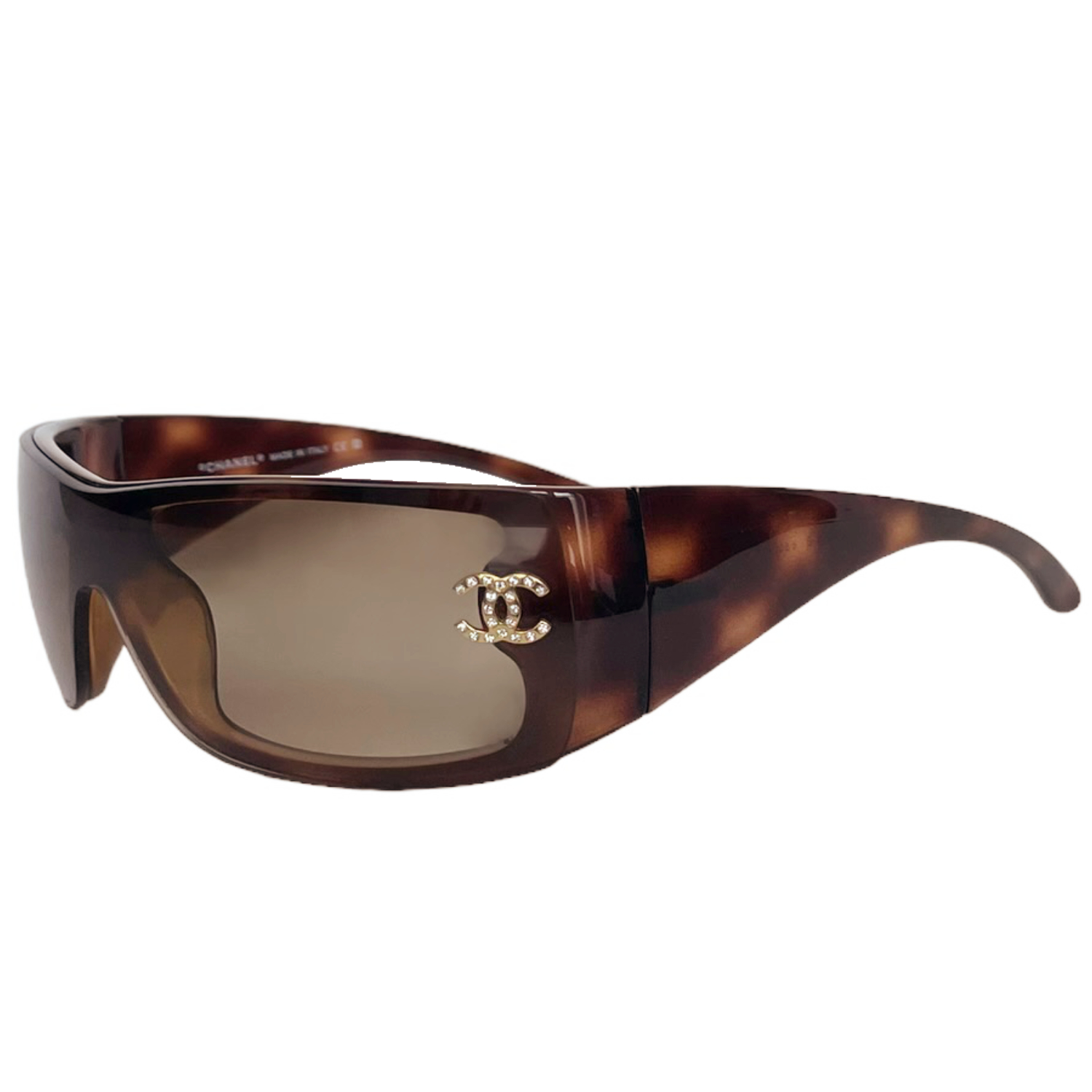 Chanel Diamante Wraparound Sunglasses in Tortoiseshell Brown / Gold