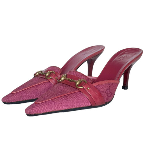Vintage Gucci Monogram Horsebit Mule Heels in Pink / Gold UK 3 | NITRYL
