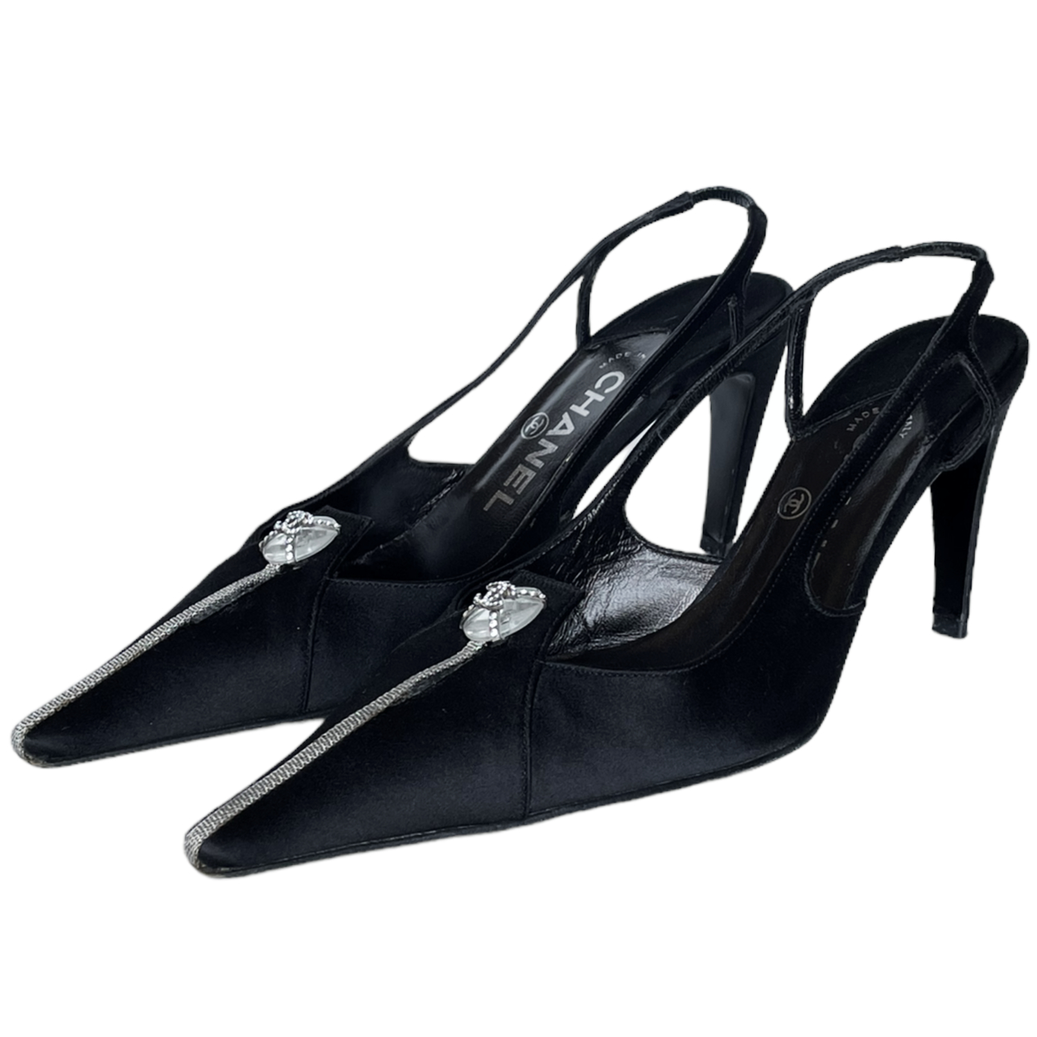 Chanel Diamante Logo Satin Slingback Heels in Black / Silver UK 4