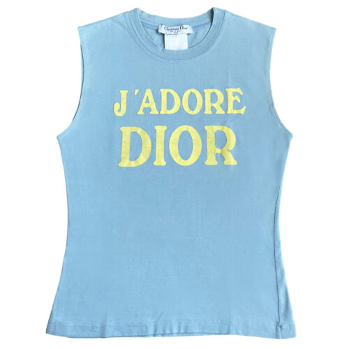 Vintage Dior J'Adore Spellout Tank Vest Top in Baby Blue / Yellow UK 10 | NITRYL