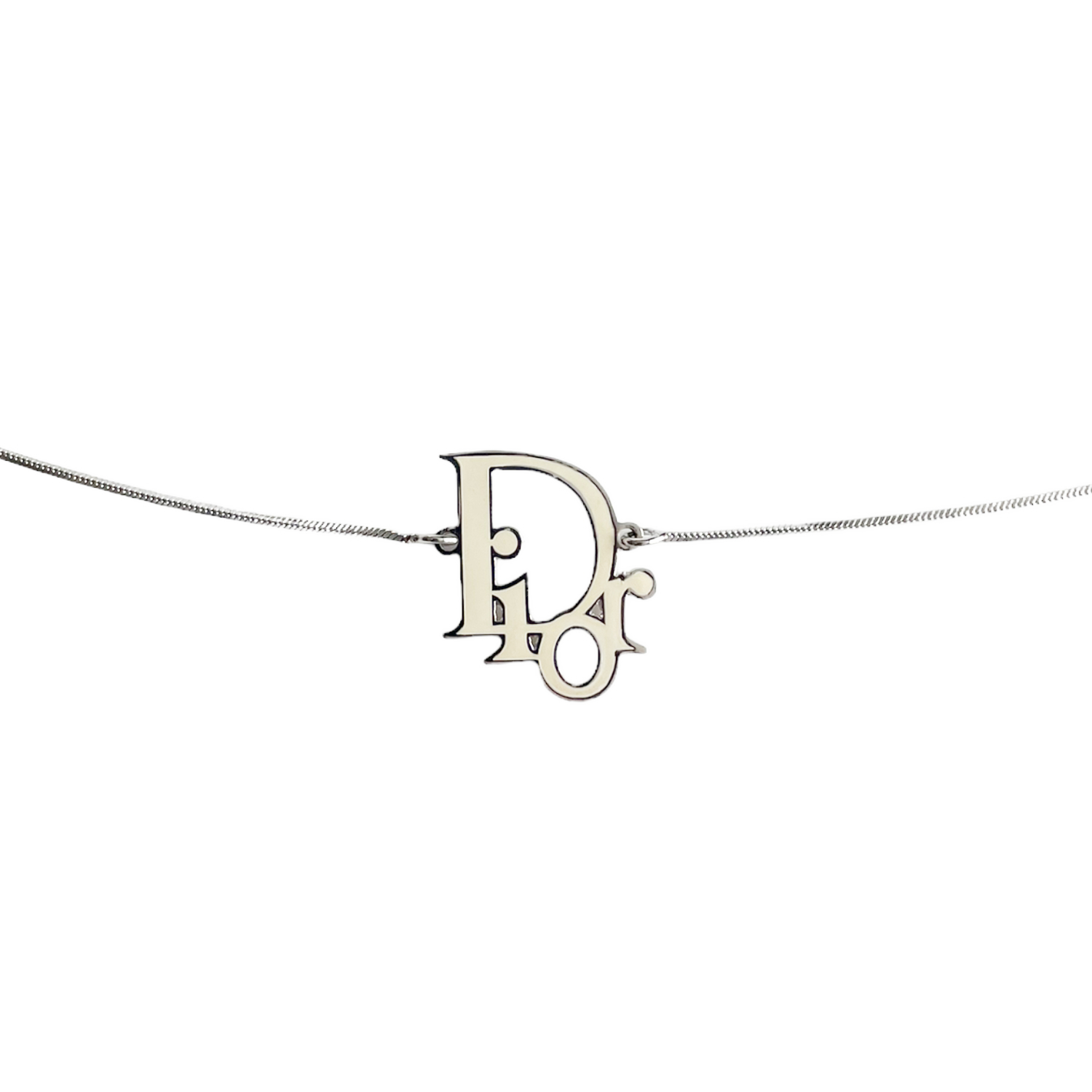 Vintage Dior Enamel Logo Necklace in Silver / Cream | NITRYL