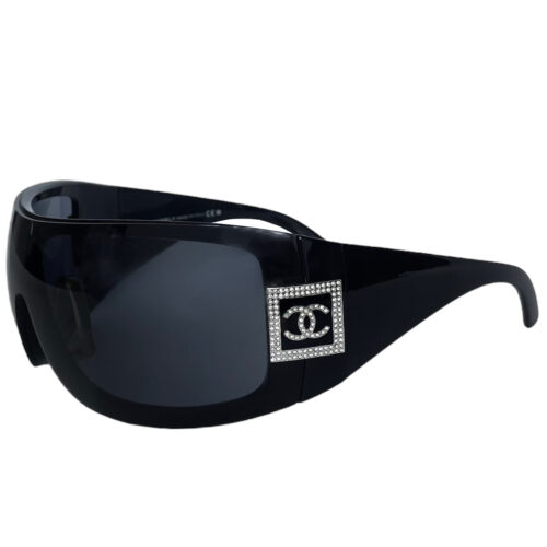 Vintage Chanel Diamante Logo Oversized Ski Sunglasses in Black / Silver | NITRYL
