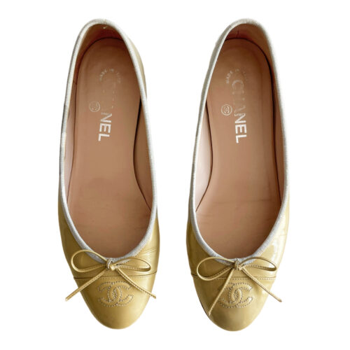 Vintage Chanel Bow Patent Leather Ballet Flats in Gold UK 5.5 | NITRYL