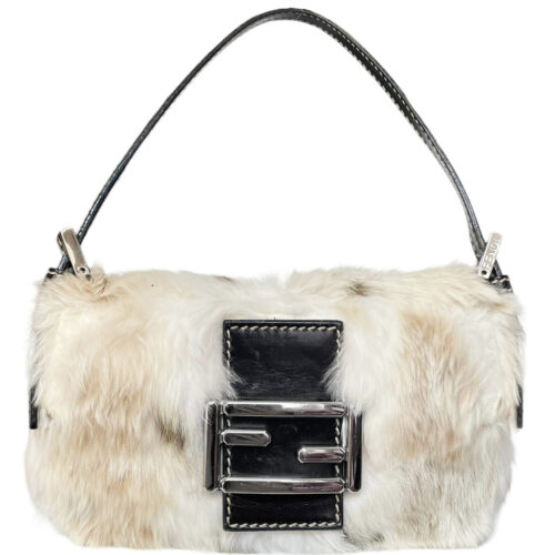 Vintage Fendi Rabbit Fur Mini Shoulder Baguette Bag in White / Beige | NITRYL