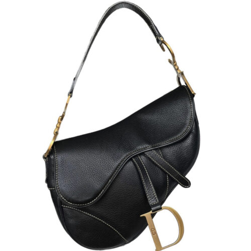 Vintage Dior Leather Shoulder Saddle Bag in Black / Gold | NITRYL