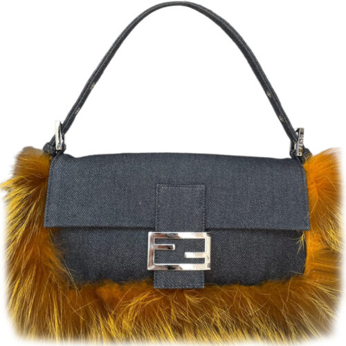 Vintage Fendi Denim Fox Fur Trim Shoulder Baguette Bag in Blue / Yellow | NITRYL