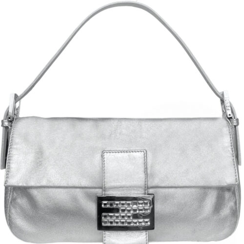 Vintage Fendi Leather Crystal Encrusted Shoulder Baguette Bag in Silver | NITRYL