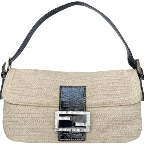 Fendi Woven Rope Shoulder Baguette Bag in Beige with Swarovski Encrusted Clasp | NITRYL