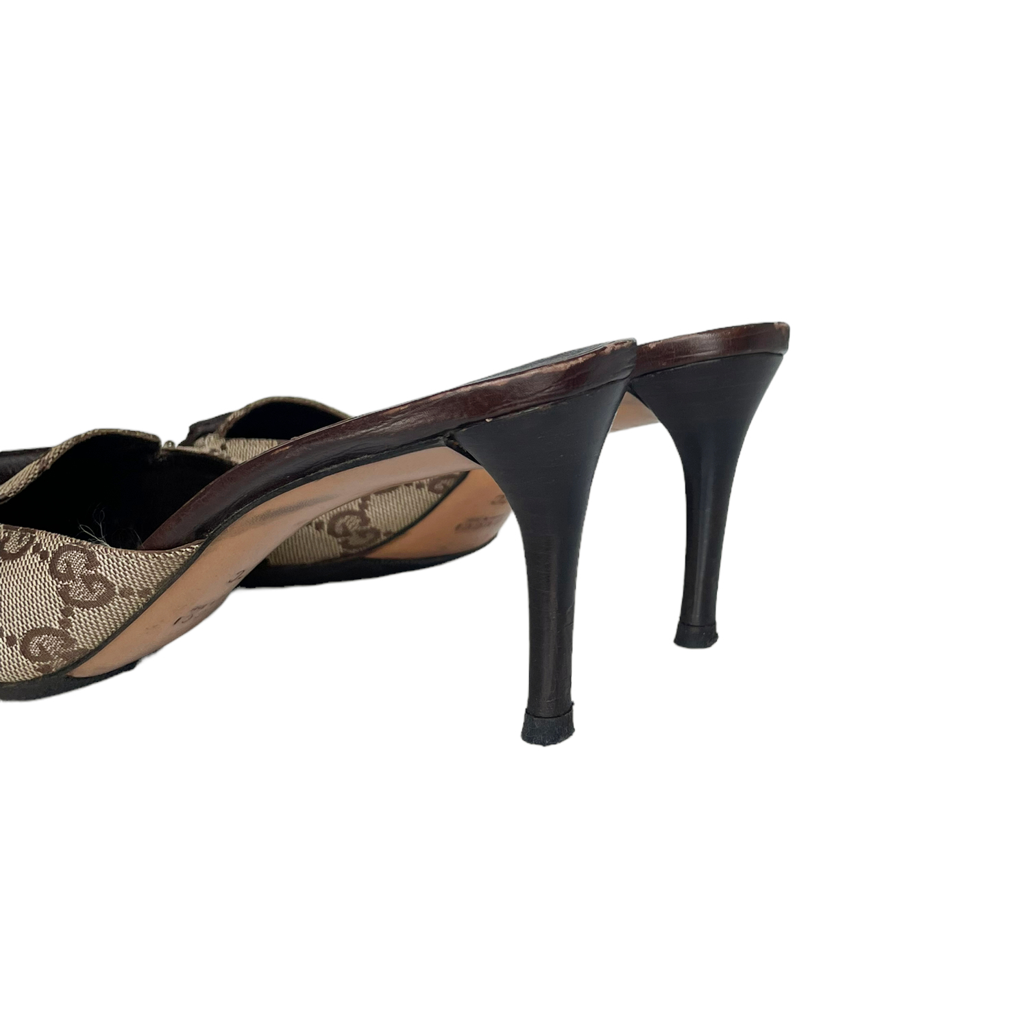 Gucci Monogram Chain Mule Heels in Beige Brown Gold UK 4