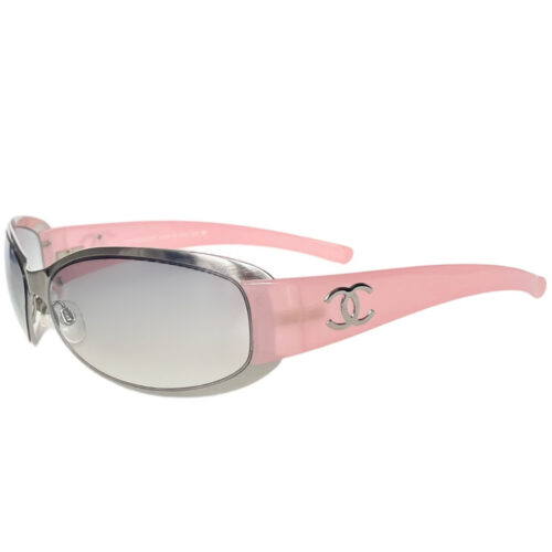 Vintage Chanel Logo Wraparound Sunglasses in Baby Pink / Silver | NITRYL