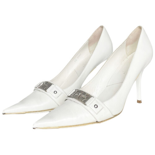 Vintage Dior Flower Logo Heels in White / Silver UK 6 | NITRYL
