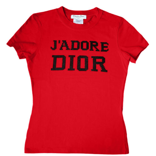 Vintage Dior 'J'Adore' Spellout Chainmail T-Shirt in Red / Black UK 8 | NITRYL