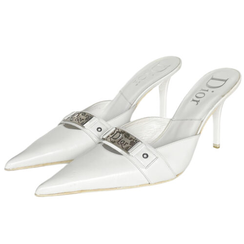 Vintage Dior Flower Logo Mule Heels in White / Silver UK 6.5 | NITRYL