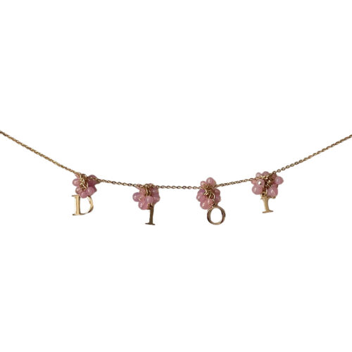 Vintage Dior Spellout Logo Beaded Necklace in Gold / Pink | NITRYL