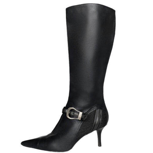 Vintage Dior Monogram Buckle Leather Knee High Boots in Black UK 6 | NITRYL