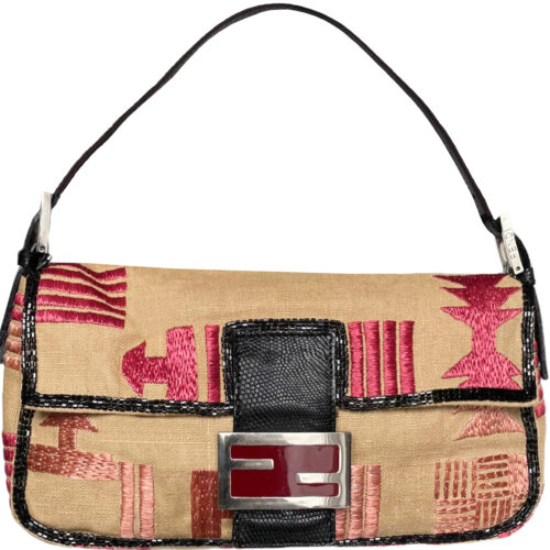 Vintage Fendi Beaded Embroidered Aztec Shoulder Baguette Bag in Beige / Red with Exotic Leather Detailing | NITRYL