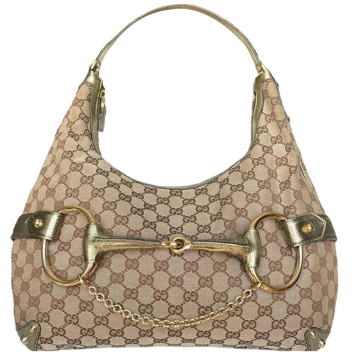 Vintage Gucci Monogram Horsebit Shoulder Bag in Beige / Gold | NITRYL