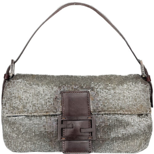 Vintage Fendi Beaded Shoulder Baguette Bag in Silver / Brown | NITRYL