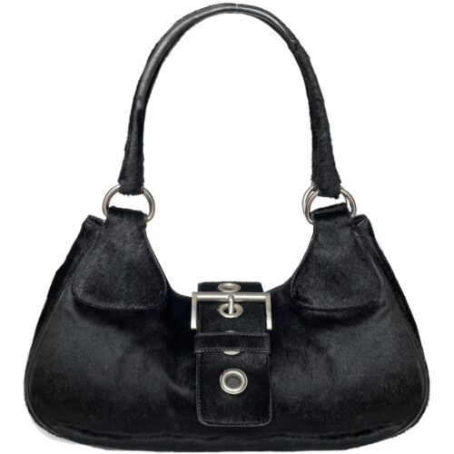 Vintage Prada Ponyhair Calfskin Buckle Shoulder Bag in Black / Silver | NITRYL