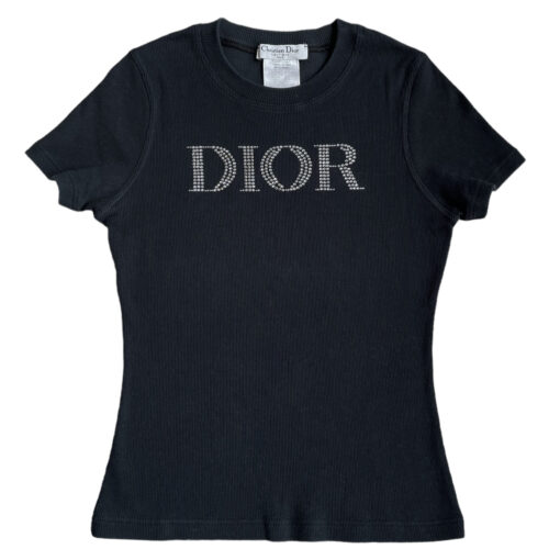 Vintage Dior Diamante Logo Ribbed T-Shirt in Black UK 12 | NITRYL