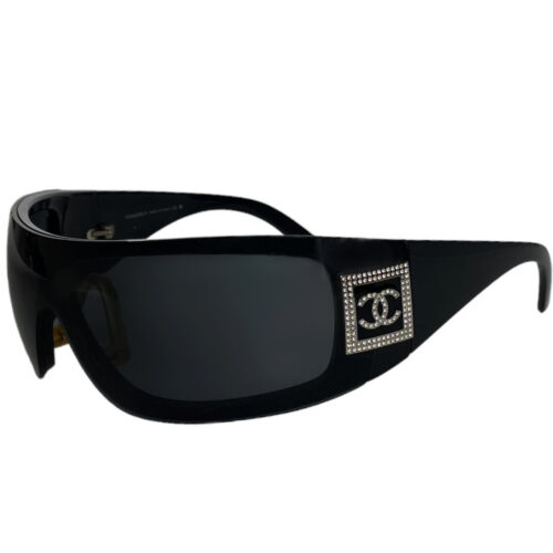 Vintage Chanel Diamante Logo Ski Wraparound Sunglasses in Black / Silver | NITRYL