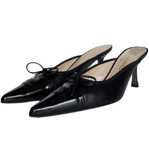 Vintage Chanel Bow Logo Mule Heels in Black UK 6.5 | NITRYL