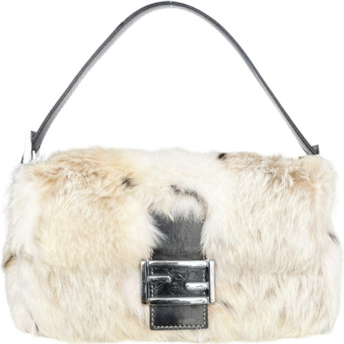 Vintage Fendi Rabbit Fur Shoulder Baguette Bag in White / Beige | NITRYL