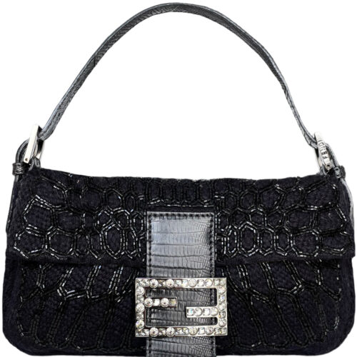 Vintage Fendi Beaded Shoulder Baguette Bag in Black with Crystal Encrusted Clasp and Exotic Leather Detailing | NITRYL