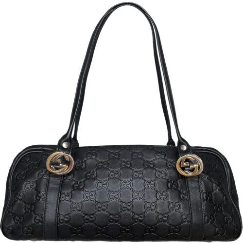 Vintage Gucci Monogram Leather Shoulder Bag in Black / Gold / Silver | NITRYL