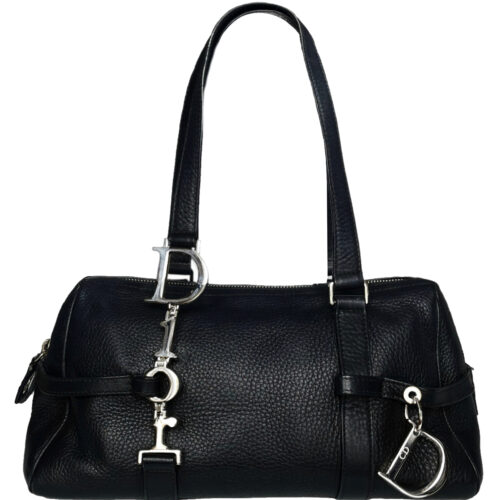 Vintage Dior Leather Shoulder Bag in Black with Silver Spellout Strap | NITRYL