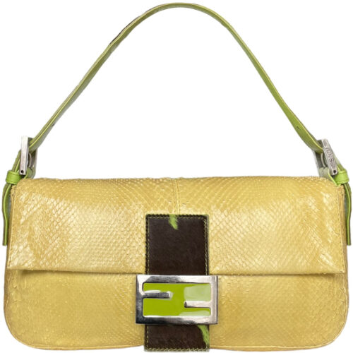 Vintage Fendi Python Shoulder Baguette Bag in Yellow with Green Cow Print Detailing | NITRYL