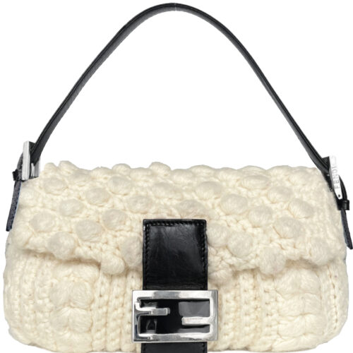 Vintage Fendi Knitted Wool Shoulder Baguette Bag in White-Cream / Black | NITRYL