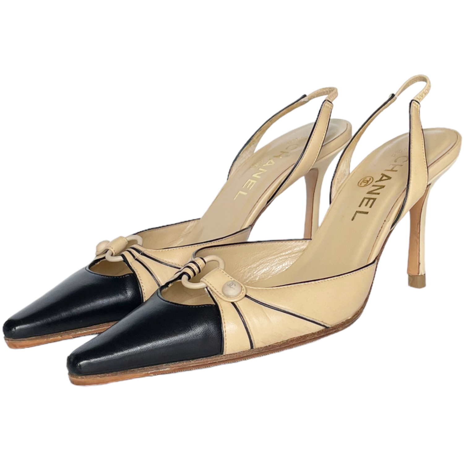 Chanel Logo 2-Tone Slingback Heels in Beige / Black UK 3.5