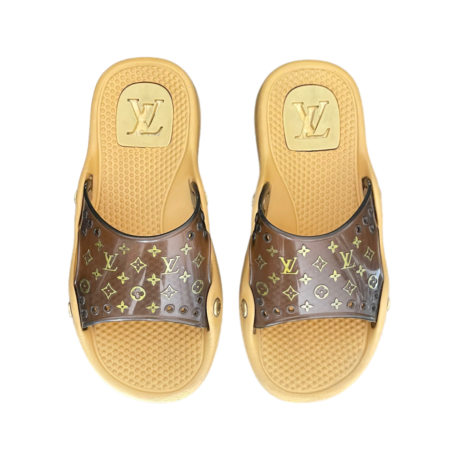 Louis Vuitton Monogram Rubber Slides in Gold / Brown UK 4