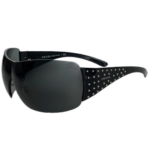 Vintage Prada Logo Studded Wraparound Sunglasses in Black / Silver | NITRYL