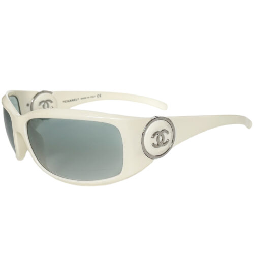 Vintage Chanel Logo Wraparound Sunglasses in Cream - White / Silver | NITRYL