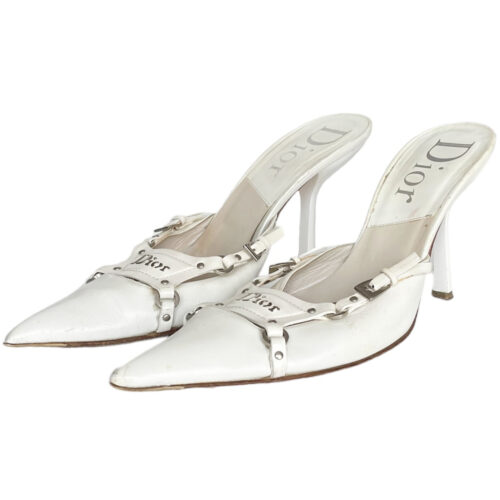 Vintage Dior Bondage Logo Mule Heels in White / Silver UK 6.5 | NITRYL